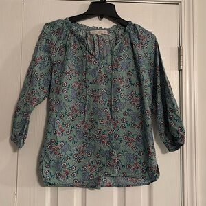 LOFT light green floral tie neck blouse; size Small Petite
